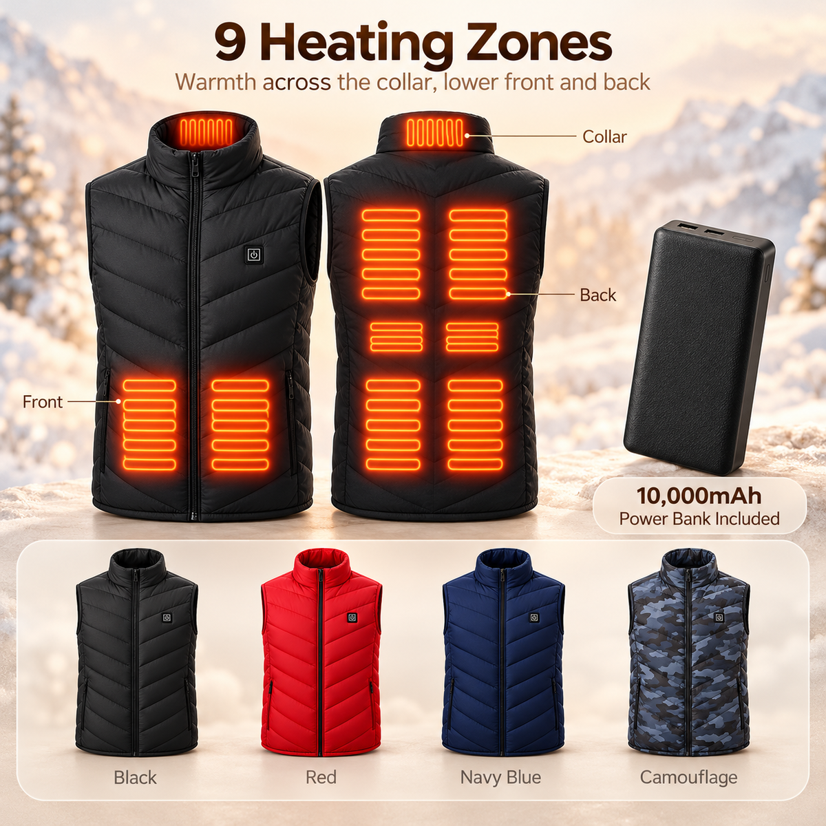 EmberWarm Heated Vest – 9 Heating Zones, 3 Heat Levels, USB Powered