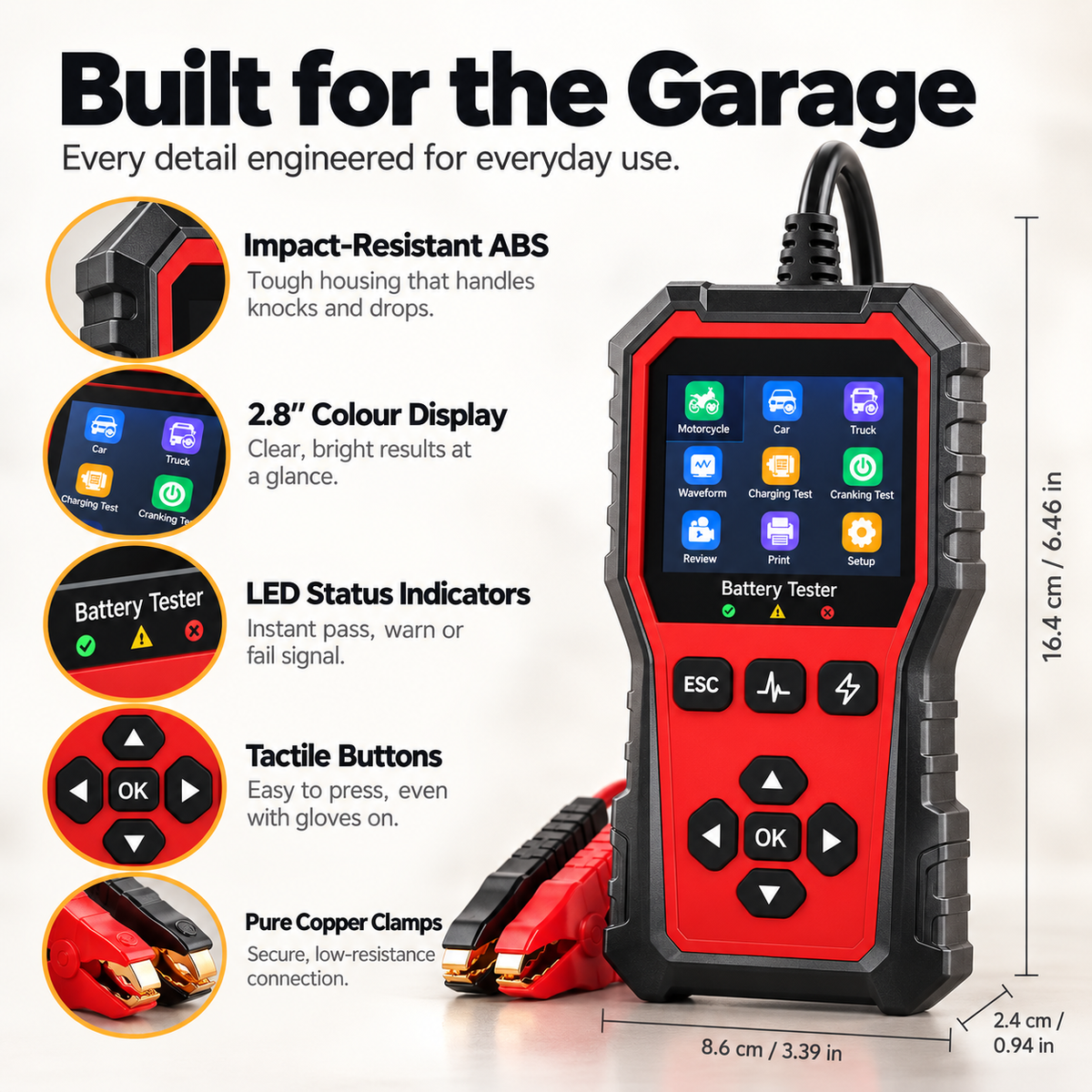 Ampora Car Battery Tester | 6V–24V Digital Battery Analyzer