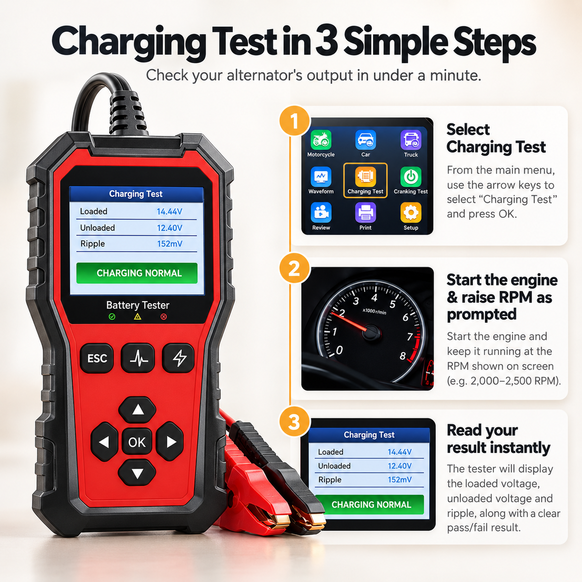 Ampora Car Battery Tester | 6V–24V Digital Battery Analyzer