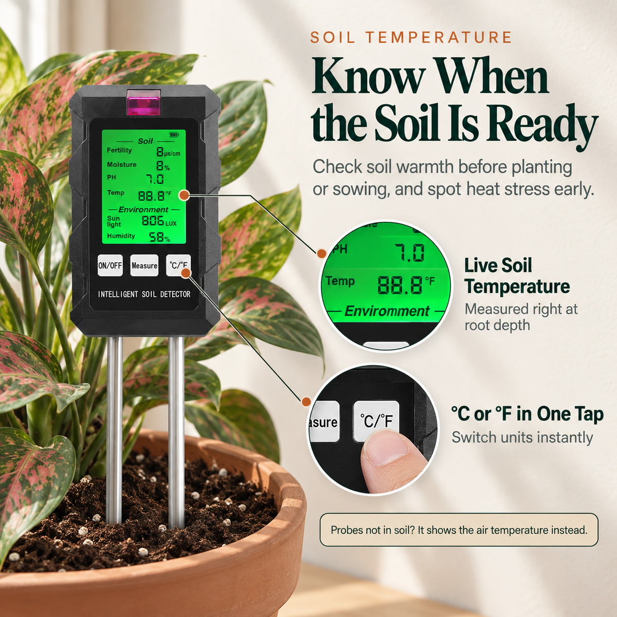 Terravia 6-in-1 Soil Tester | pH, Moisture & Light Meter