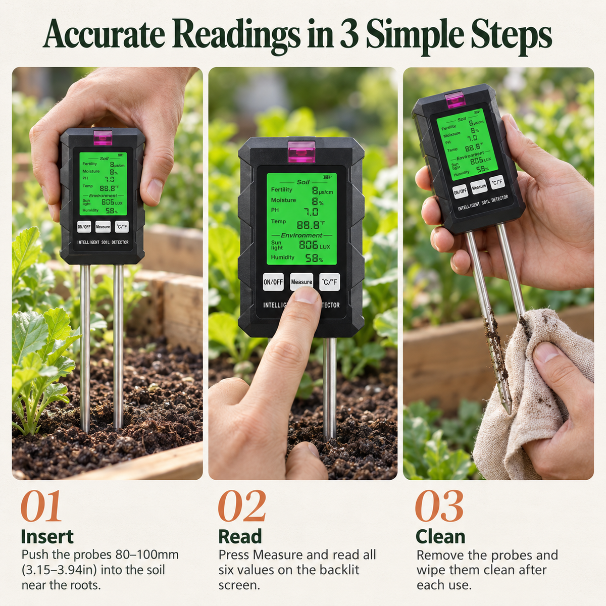 Terravia 6-in-1 Soil Tester | pH, Moisture & Light Meter