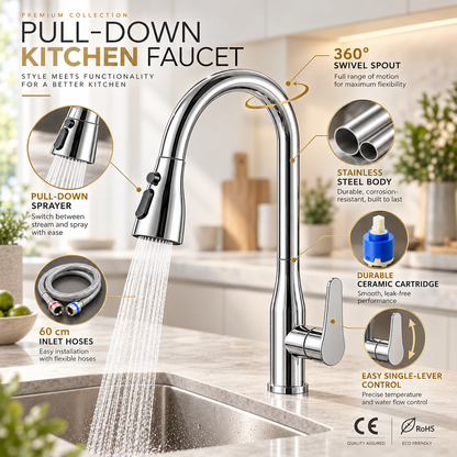 High-Arc Pull-Down Kitchen Faucet — 360° Swivel