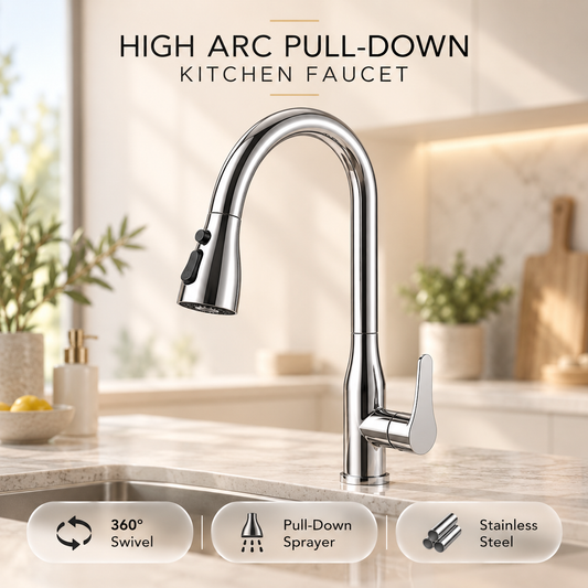 High-Arc Pull-Down Kitchen Faucet — 360° Swivel