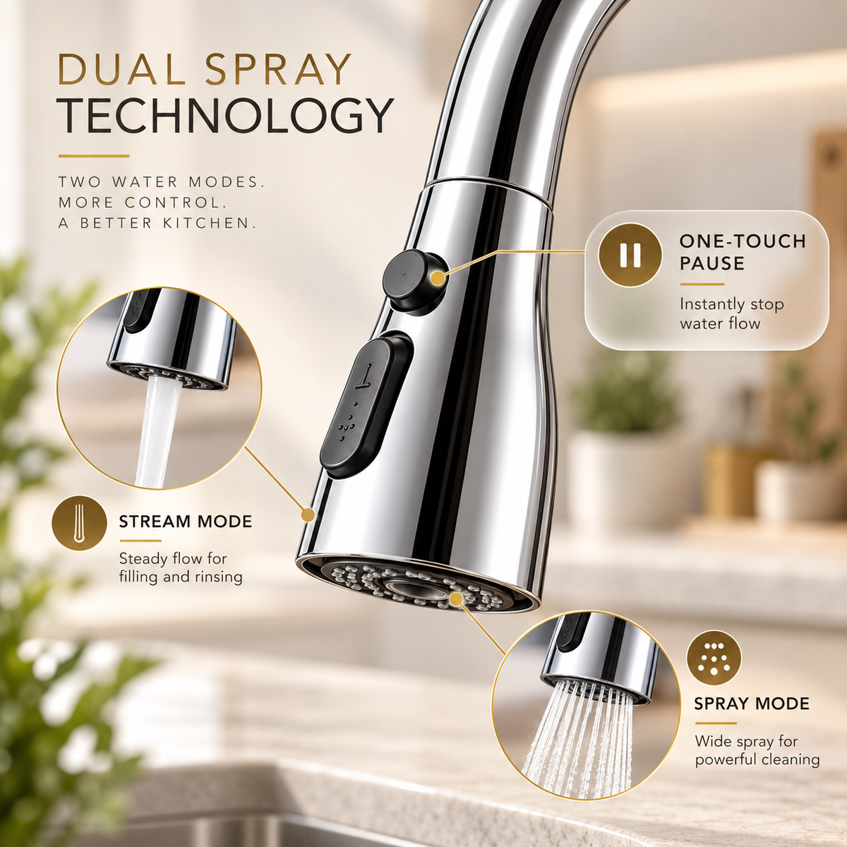 High-Arc Pull-Down Kitchen Faucet — 360° Swivel