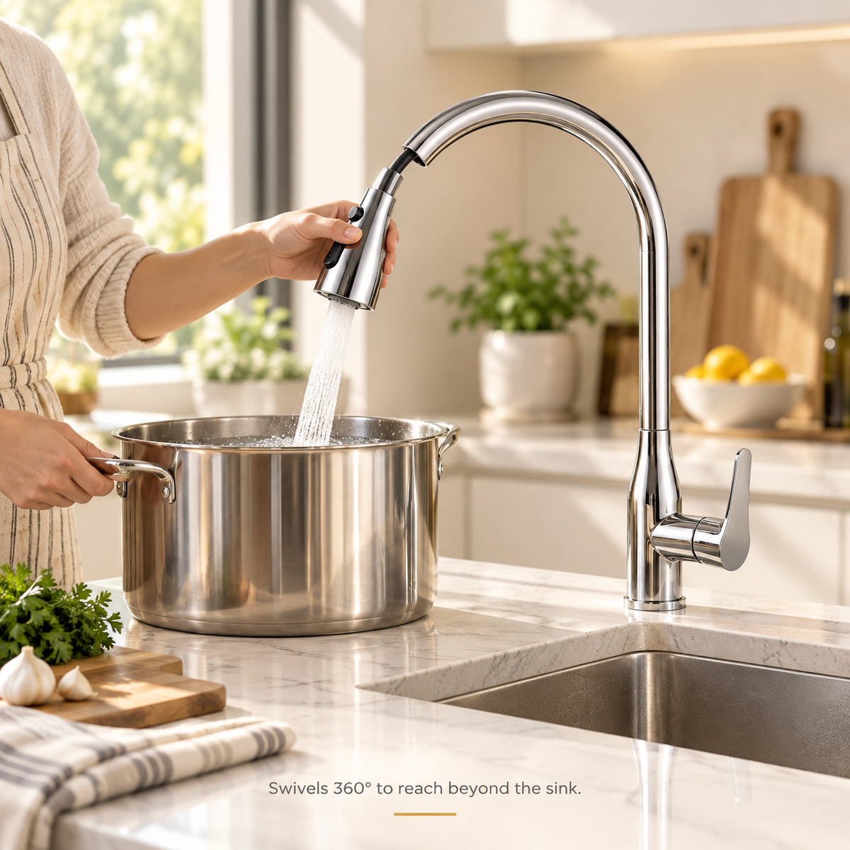High-Arc Pull-Down Kitchen Faucet — 360° Swivel