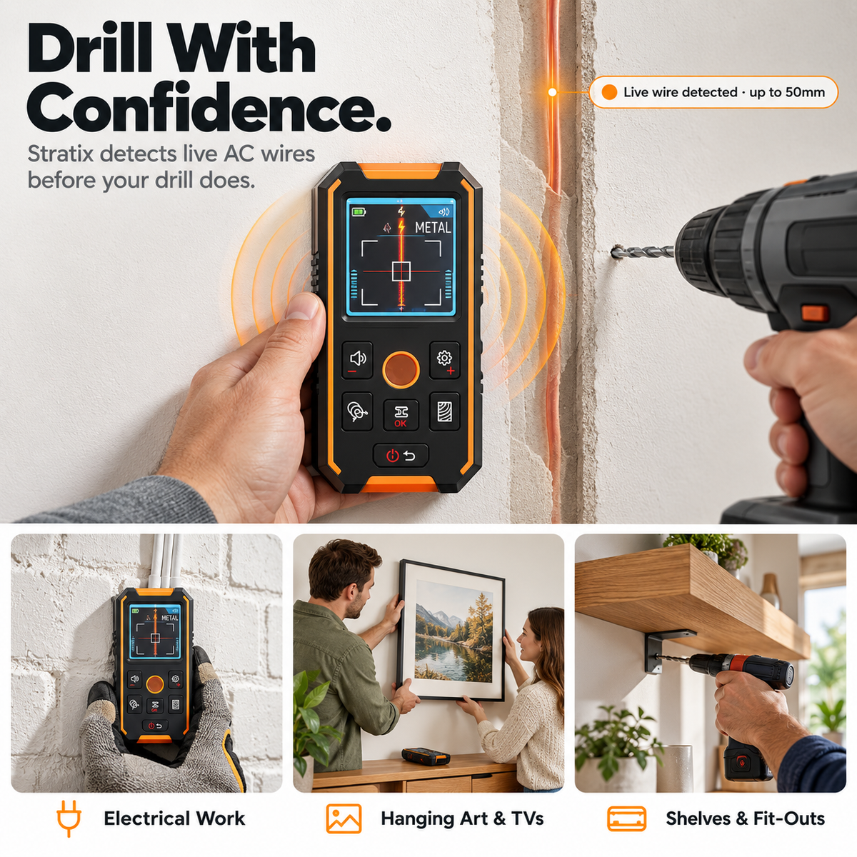 Stratix 3-in-1 Wall Scanner | Stud-Finder, Metal & Live Wire Detector