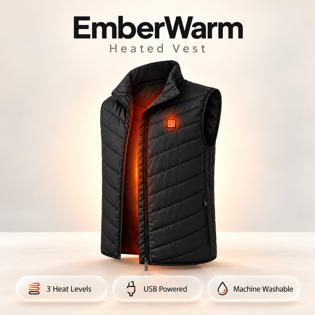 EmberWarm Heated Vest – 9 Heating Zones, 3 Heat Levels, USB Powered