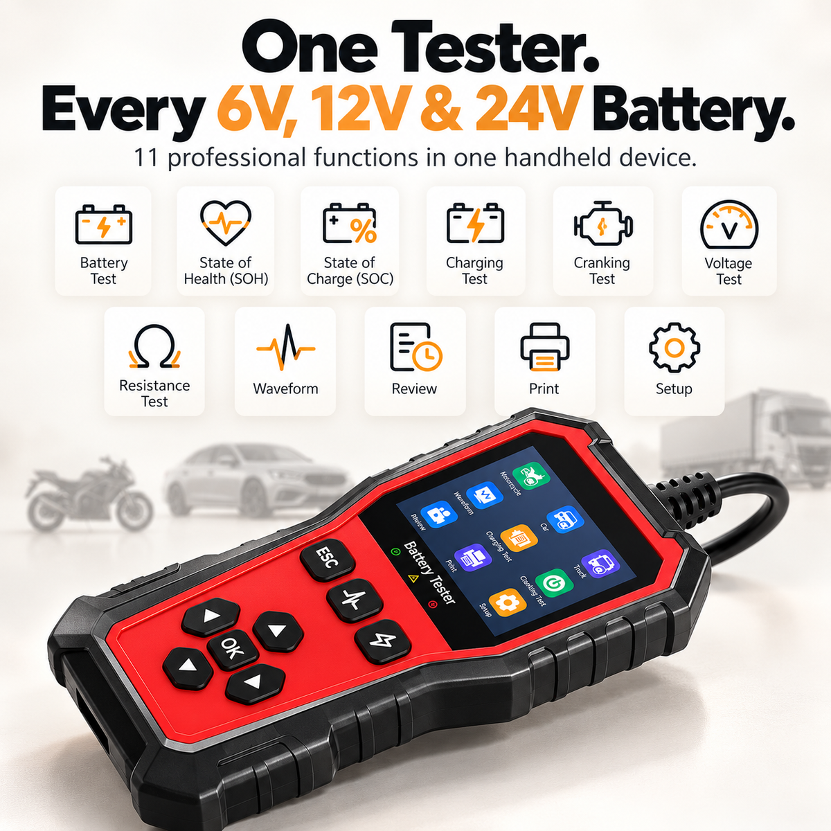 Ampora Car Battery Tester | 6V–24V Digital Battery Analyzer