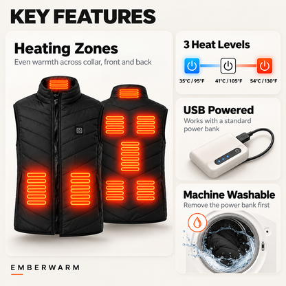 EmberWarm Heated Vest – 9 Heating Zones, 3 Heat Levels, USB Powered